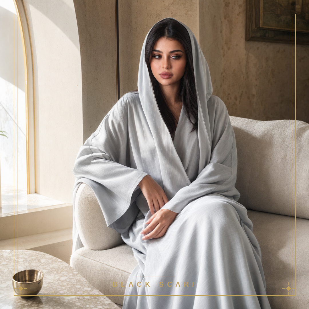 Light Gray Indonesian Striped Abaya view 1